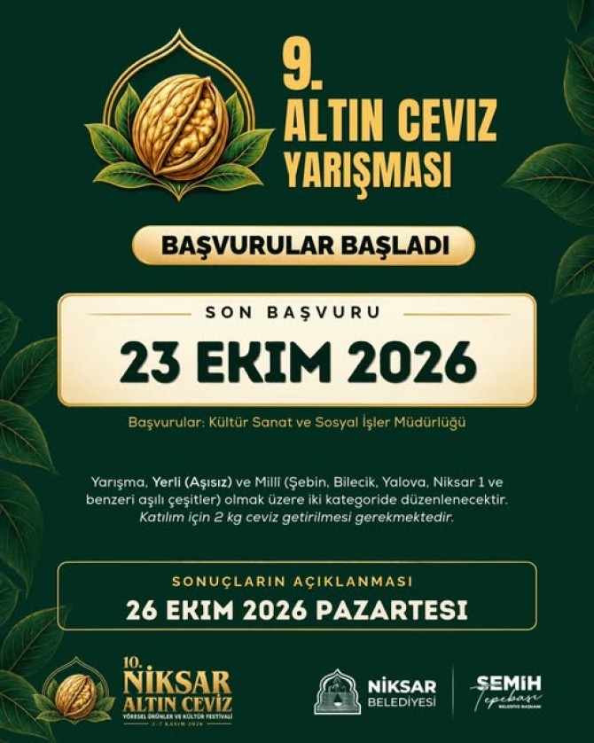 İlçemizde 3-7 Kasım tarihleri arasında düzenlenecek olan “Niksar Altın Ceviz Yöresel Ürünler ve Kültür Festivali” kapsamında ceviz yarışması düzenlenecektir