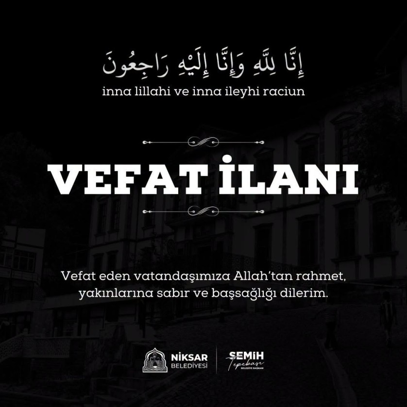 Kapıağzı Köyü’nden olup ilçemizde ikamet eden, merhum Rahim Bilek’in gelini, merhum Kurteş Bilek’in eşi, Mustafa Kemal Bilek’in annesi ZÜLFİYE BİLEK vefat etmiştir