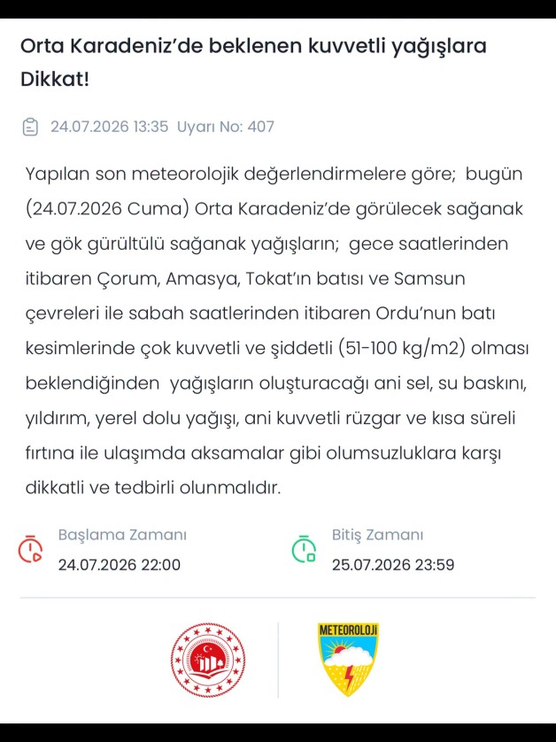 Orta Karadeniz'de Beklenen Kuvvetli Yağışlara Dikkat
